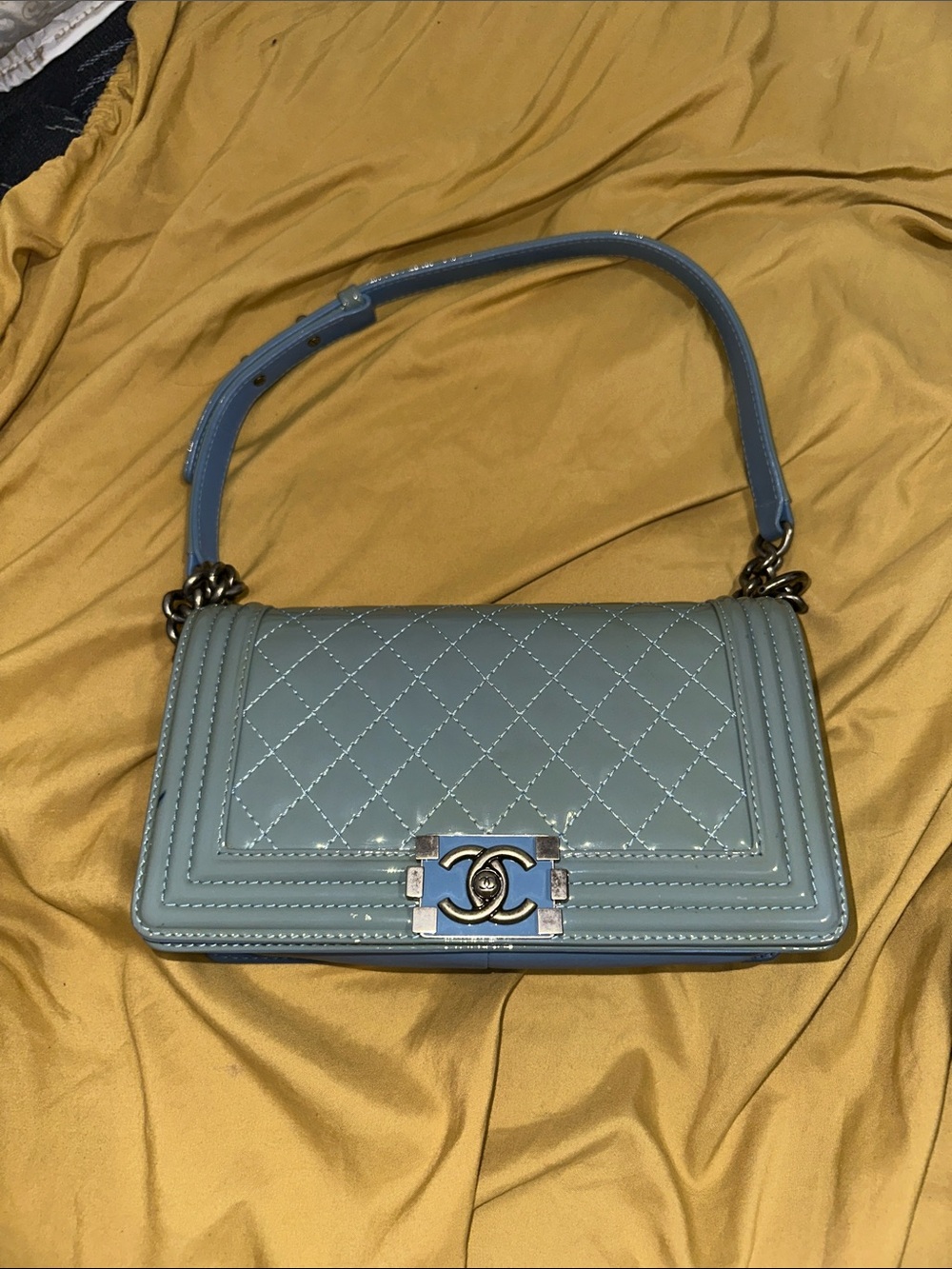 CHANEL Quilted Light Blue Boy-Style Shoulder Bag
